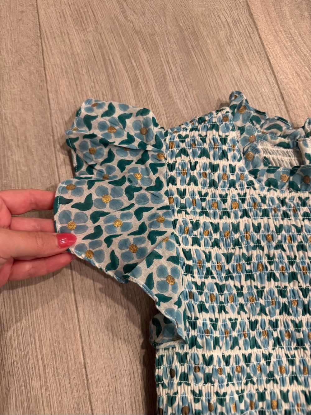 Oliphant Smocked Floral Ruffle-Sleeve Mini Dress Teal Small - Picture 8 of 11